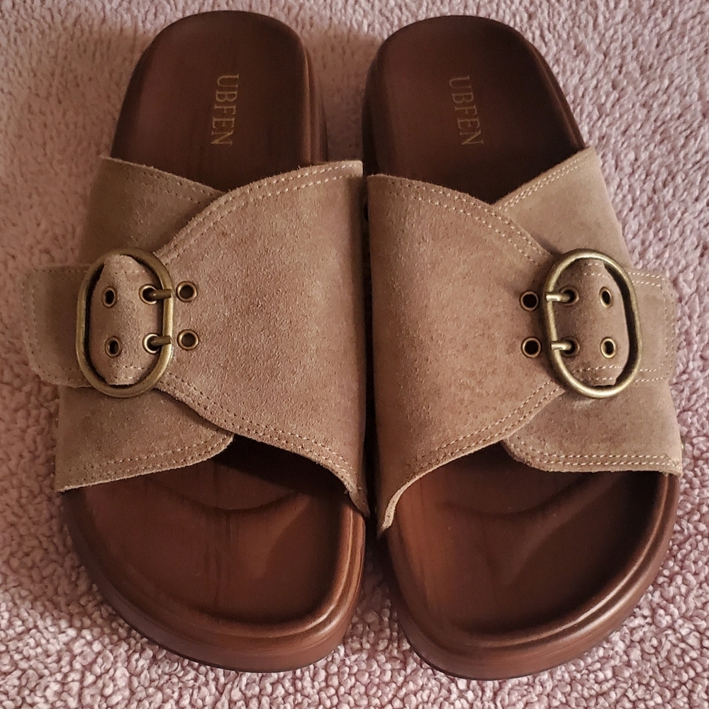 UBFEB Tan Suede Slide Sandals with Gold Buckle